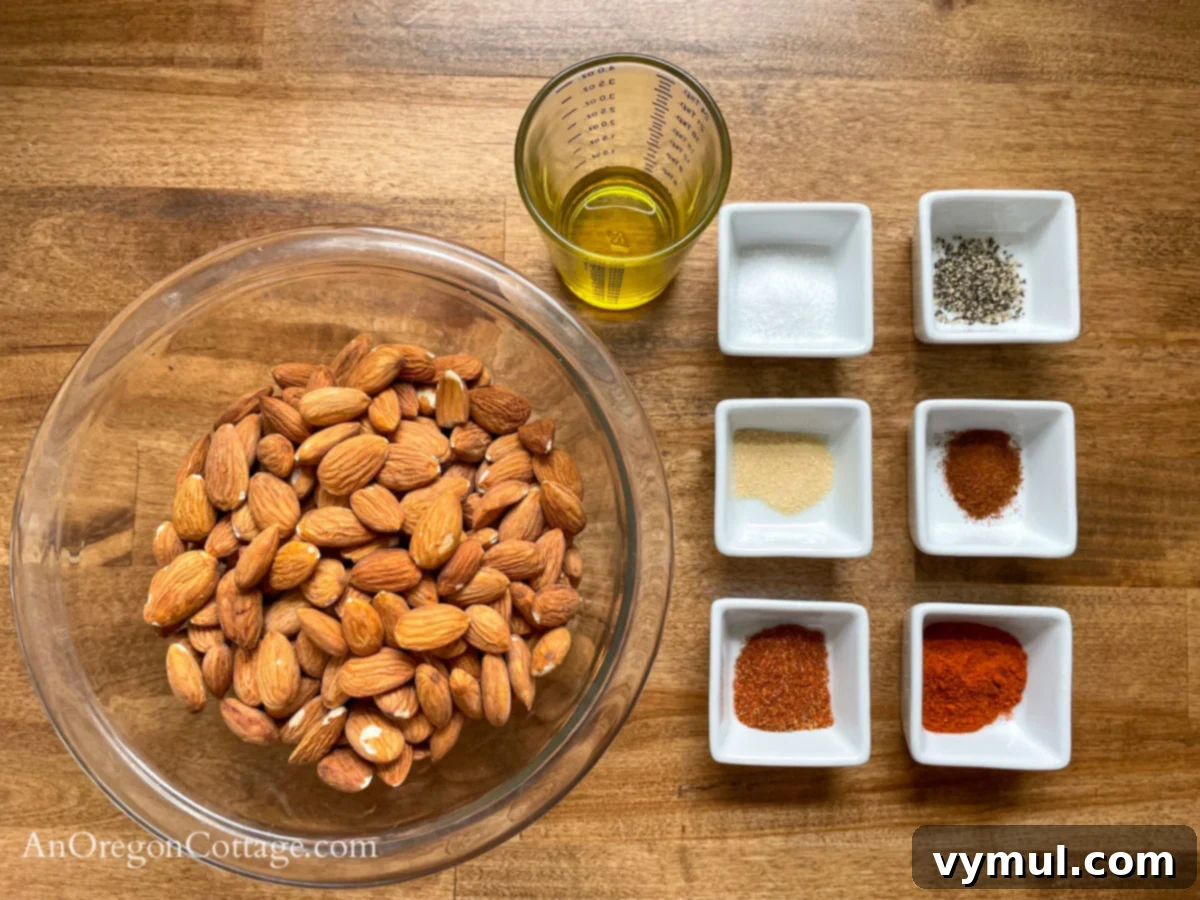 Chipotle Fire Almonds: Quick & Sugar-Free 3 ingredients laid out for chipotle spicy almonds, emphasizing fresh and simple components