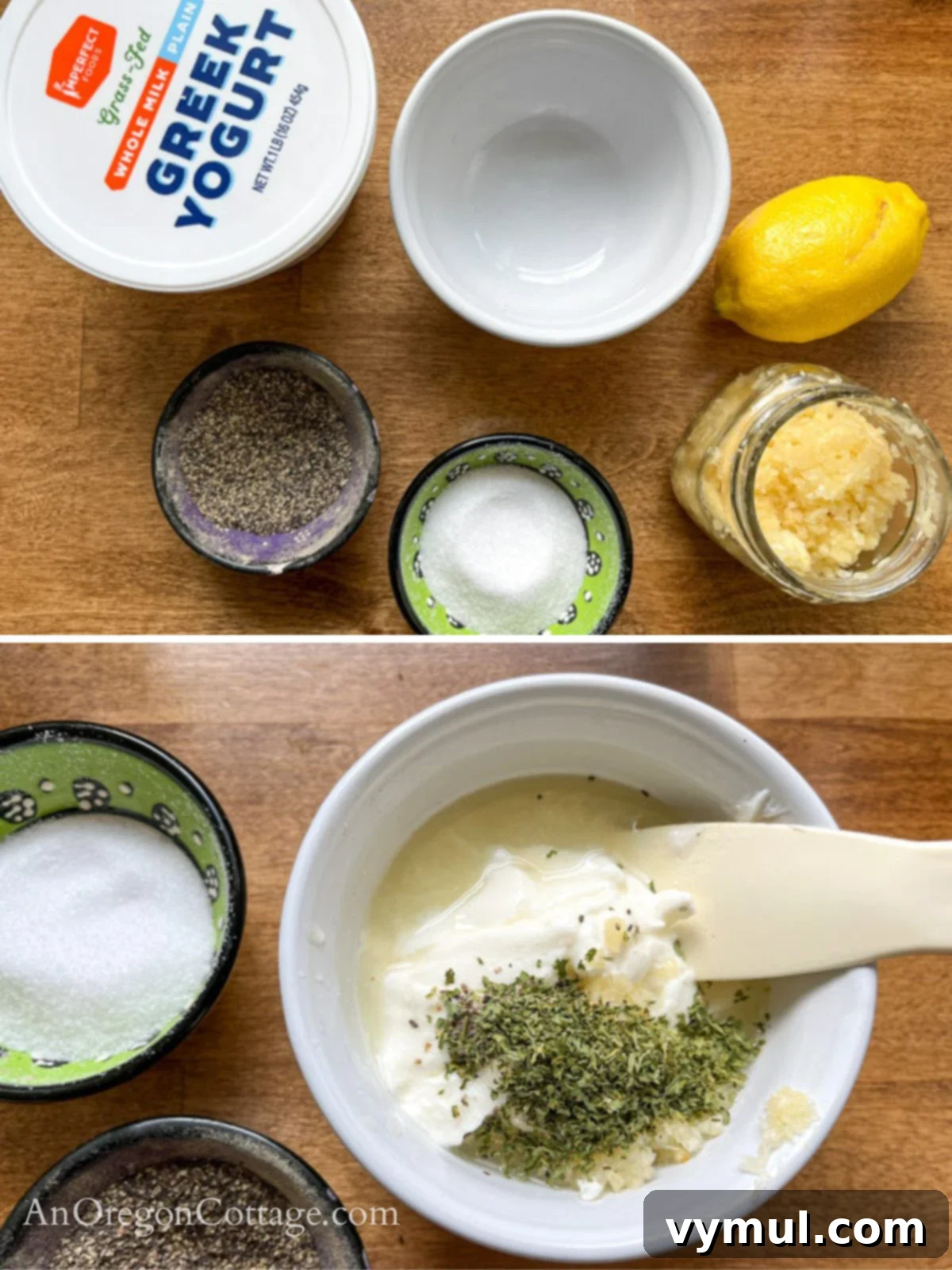 Close-up of ingredients being mixed to make a creamy garlic-lemon yogurt sauce.