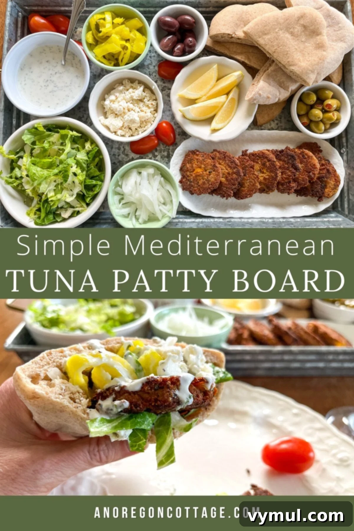 Simple and delicious Mediterranean pita tuna patty board setup, perfect for a quick dinner.