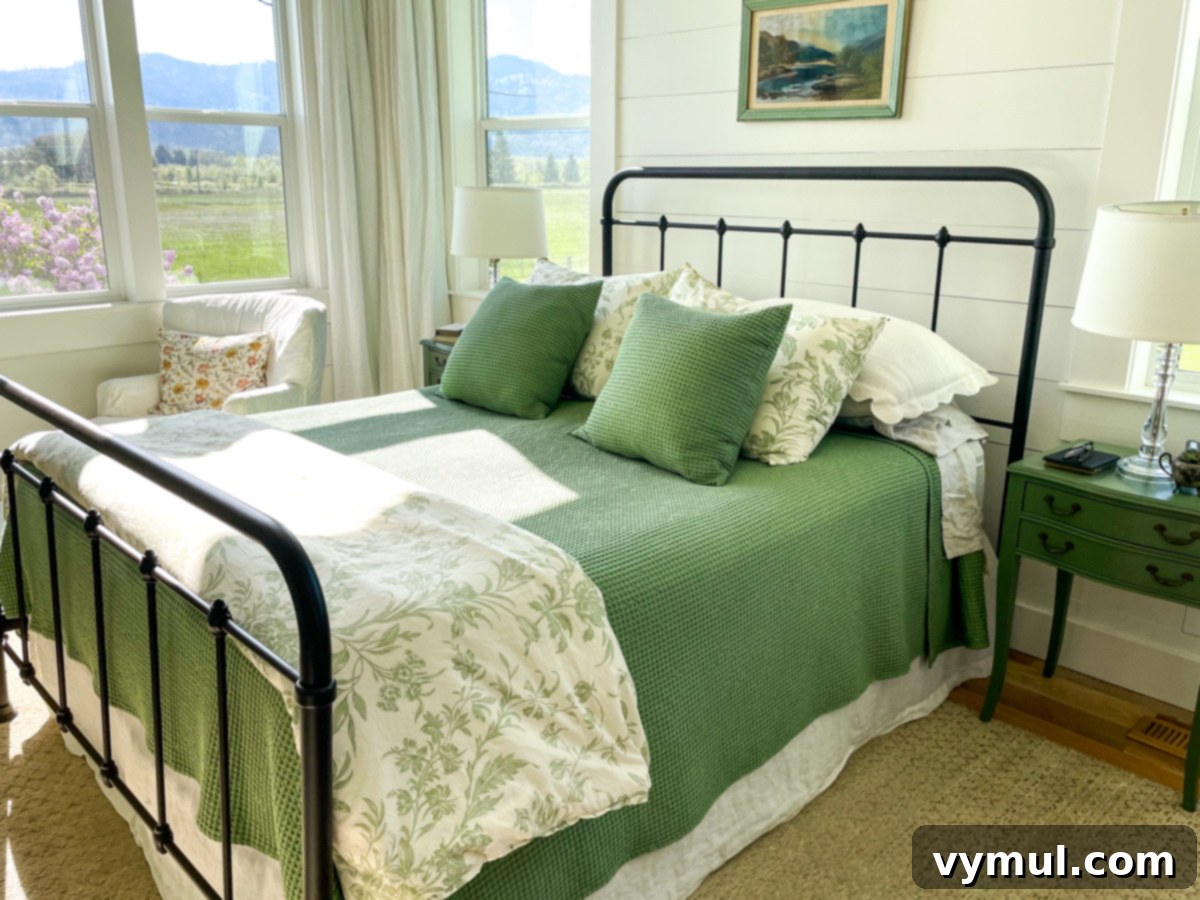 Sixty-Two Tiny Joys: From Peonies to Pristine Panes and Beloved Books 5 spring-summer green bed linens in farmhouse bedroom