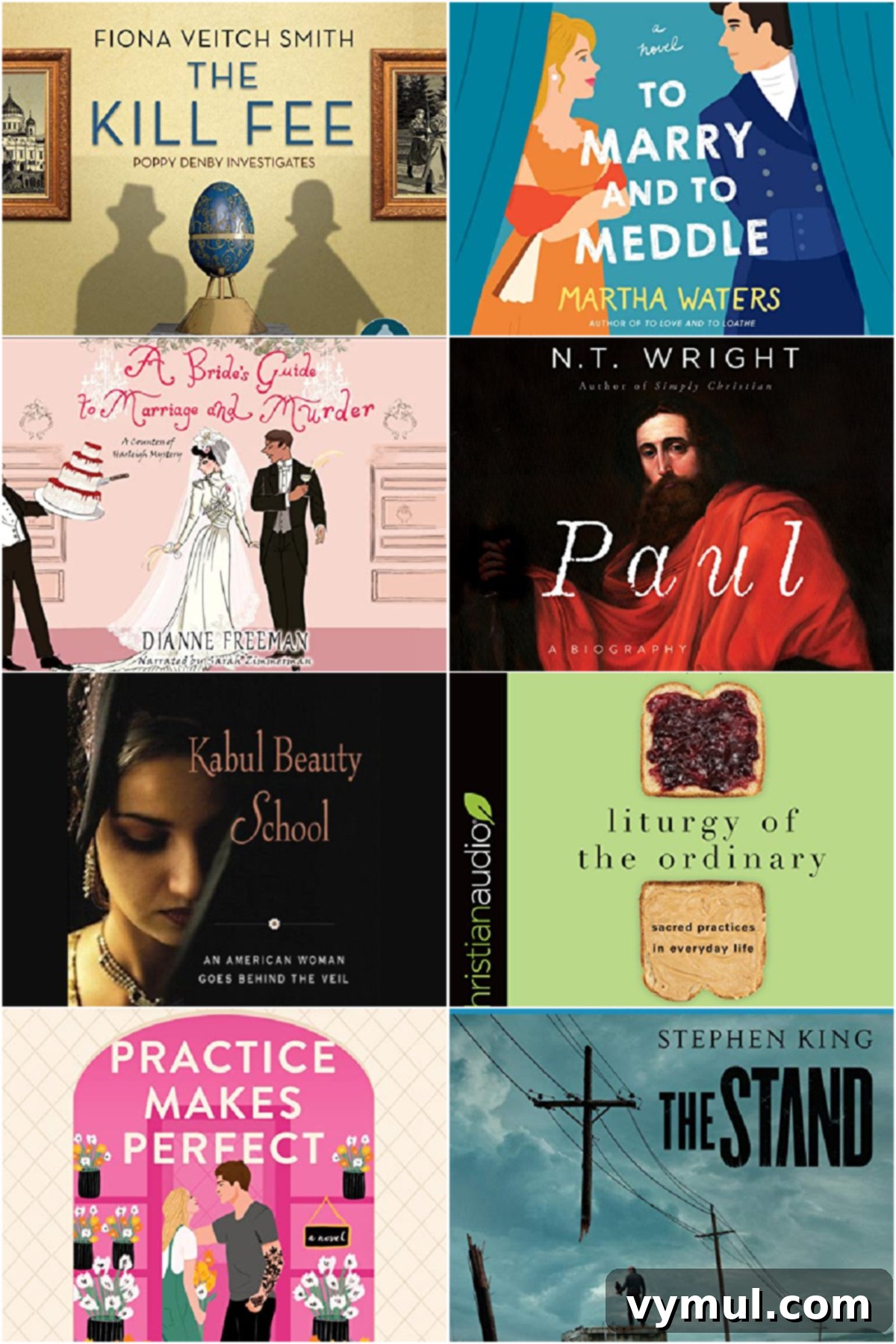 A collage of 8 book covers reviewed in July 2023, encompassing various genres from historical mysteries to Christian living, memoir, and light romance.