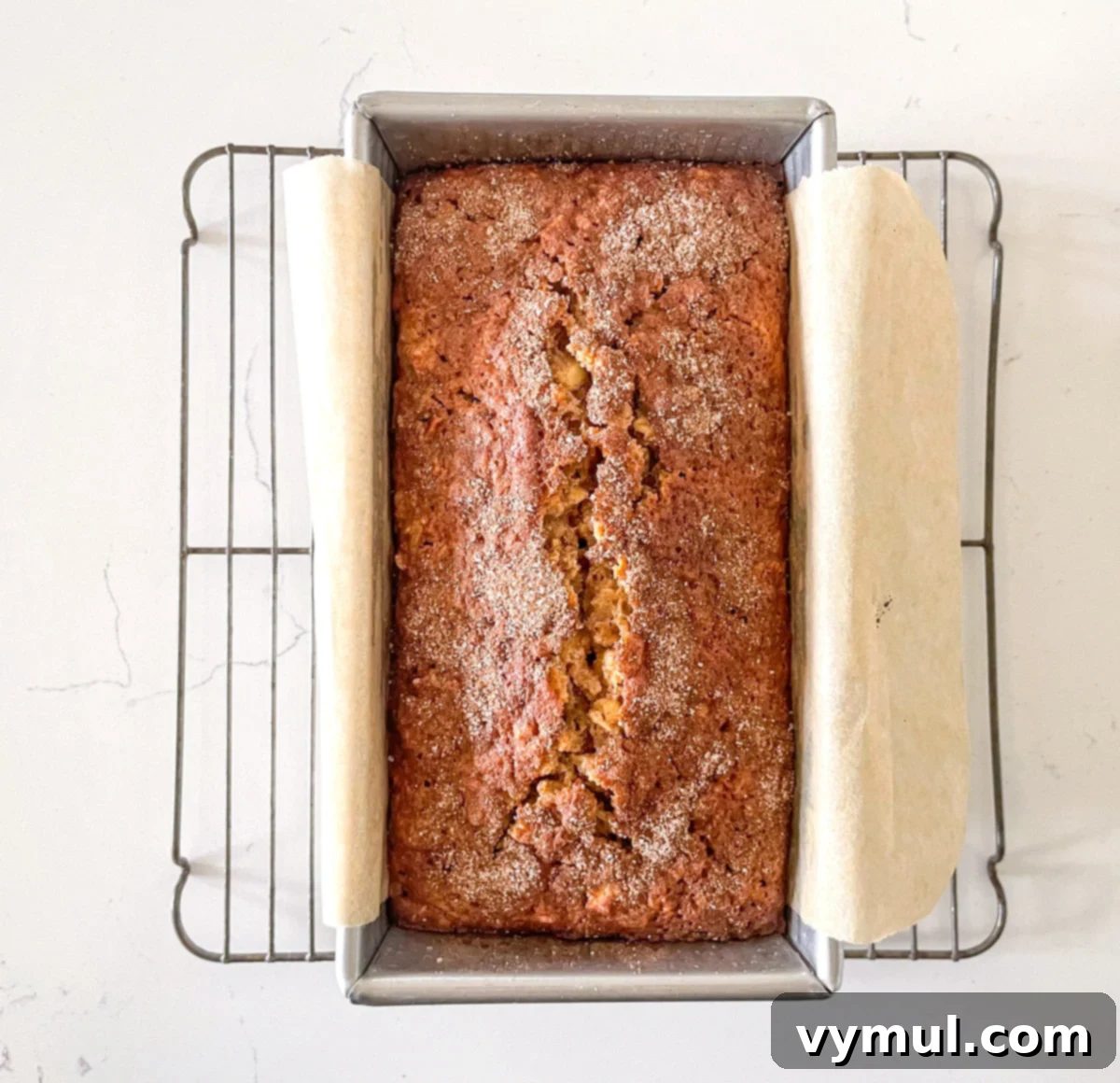 Easy Wholesome Honey Cinnamon Apple Oat Loaf 7 Baked loaf of apple bread cooling in its pan on a wire rack
