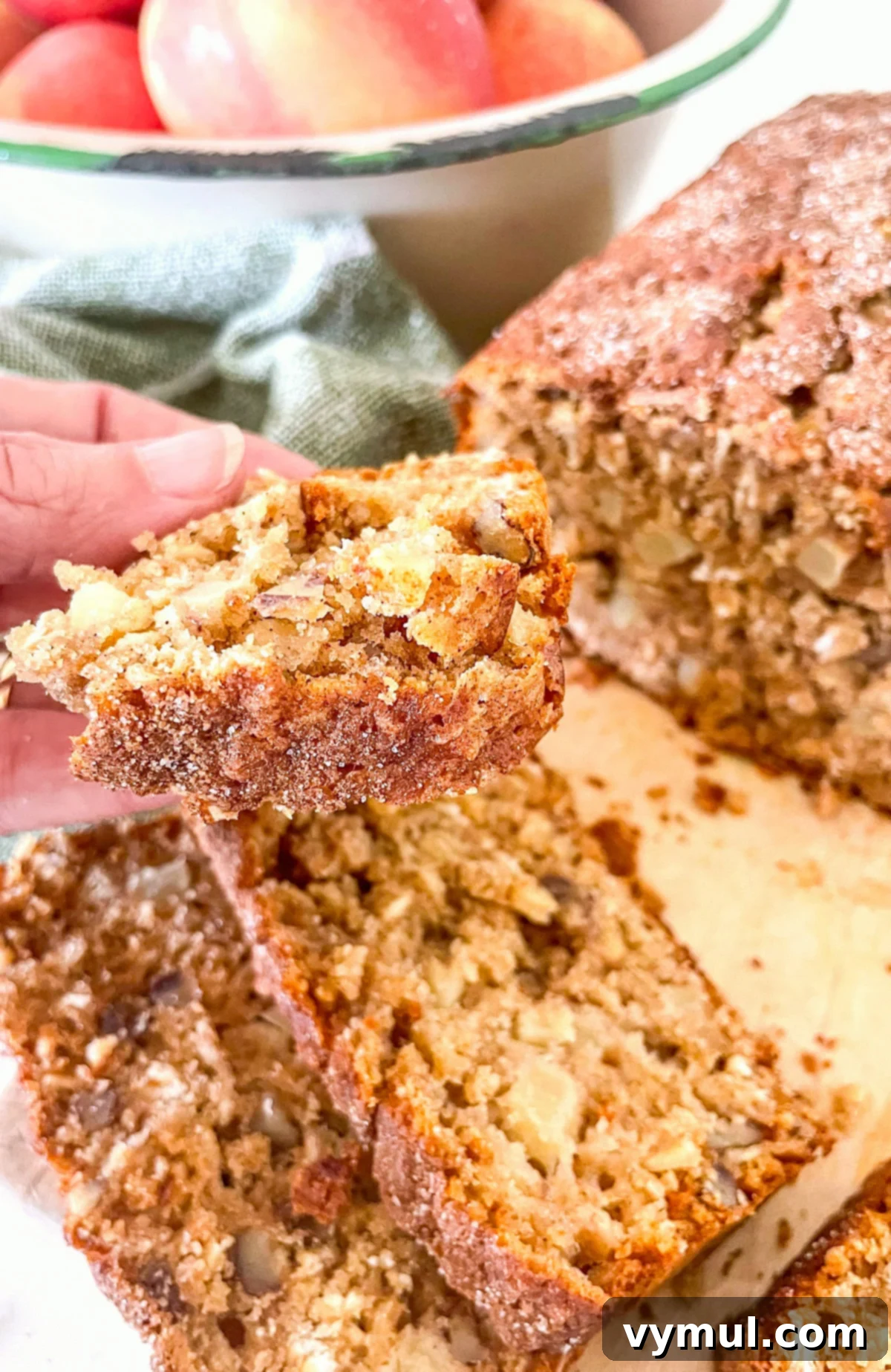 Easy Wholesome Honey Cinnamon Apple Oat Loaf 9 Hand holding a piece of cinnamon oat apple bread with a gentle bite taken