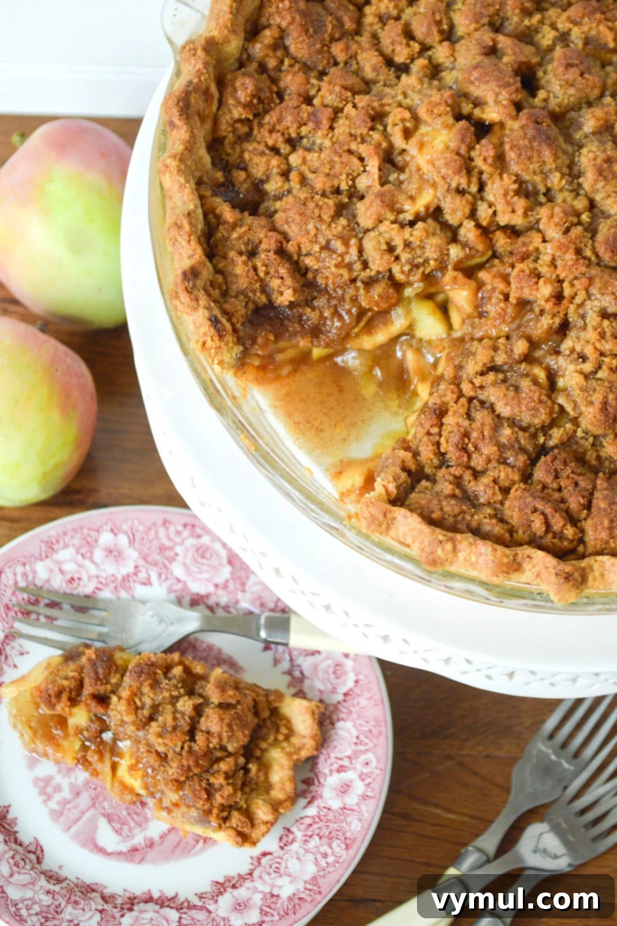 21 Simple Apple Pie Creations 3 slice of apple pie from above on red transferware plate