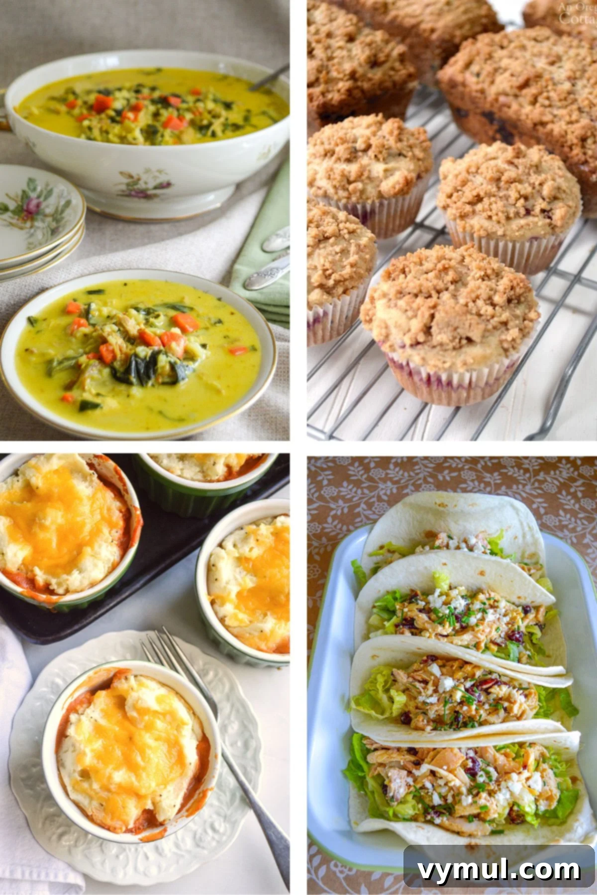 four dishes made from Thanksgiving leftovers-soup, muffins, shepherd's pie, and turkey salad.