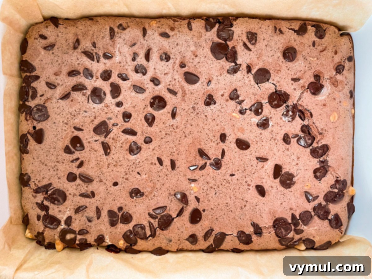 No-Bake Gluten-Free Chocolate Peanut Butter Magic Bars 8 baked bars fresh from oven in pan