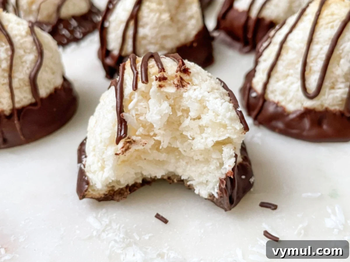 Effortless Coconut Macaroons No Flour No Condensed Milk 9 A close-up of a single easy coconut macaroon, beautifully golden and chocolate-dipped, with a bite taken out to reveal its moist, chewy interior.