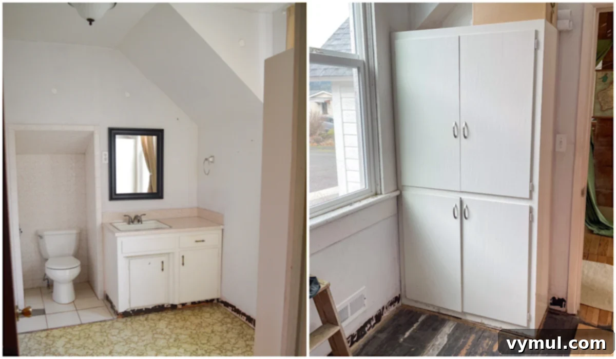 Our Latest Delights Bathroom Transformation Holiday Brunch Austen Puzzle Book Recommendations 4 Before renovation photo of a 1900 Farmhouse upstairs bathroom, showing outdated fixtures and an incomplete half-bath layout.