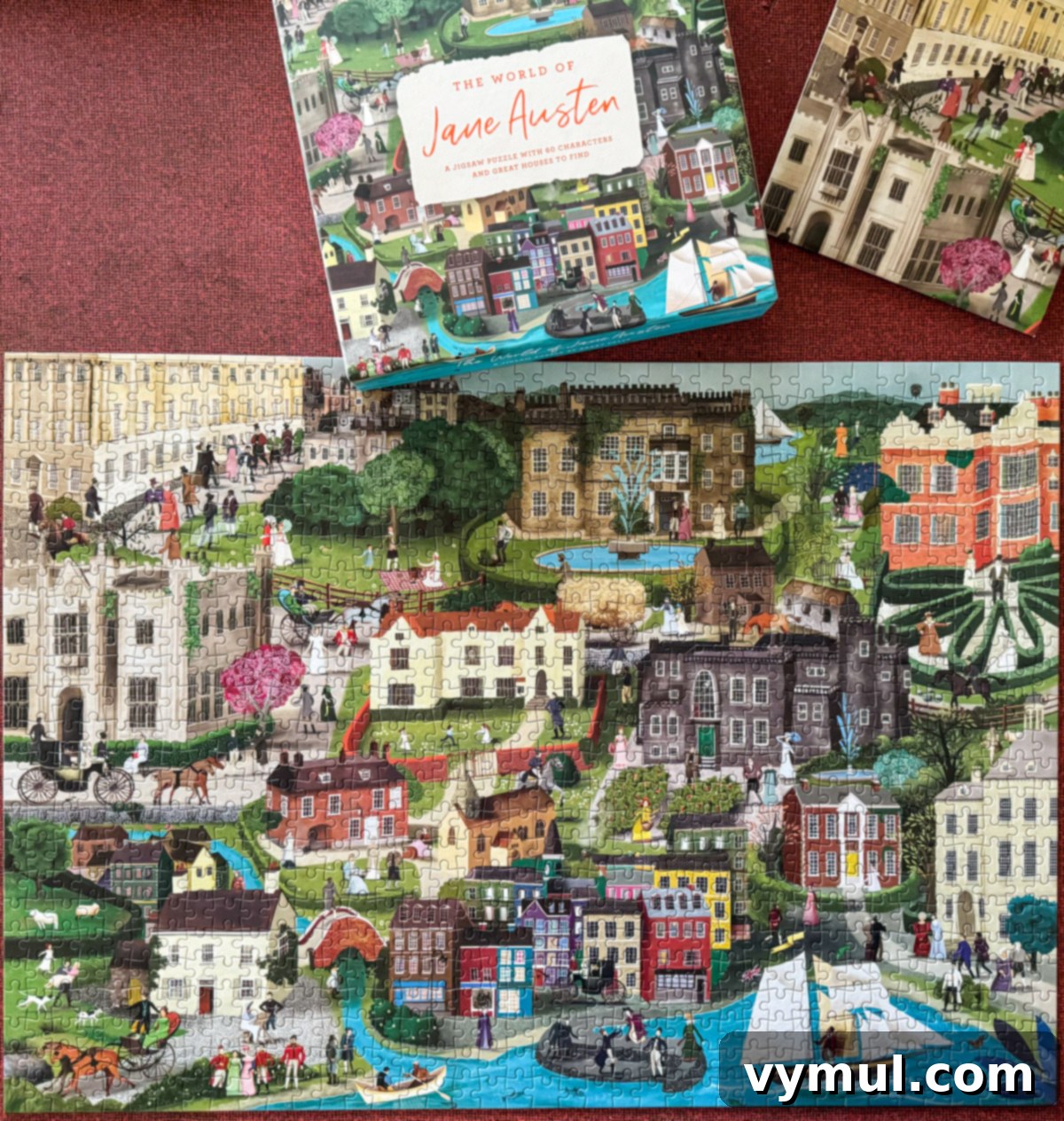 Our Latest Delights Bathroom Transformation Holiday Brunch Austen Puzzle Book Recommendations 10 A completed Jane Austen themed jigsaw puzzle and its box, showcasing intricate illustrations of characters and scenes from her novels.