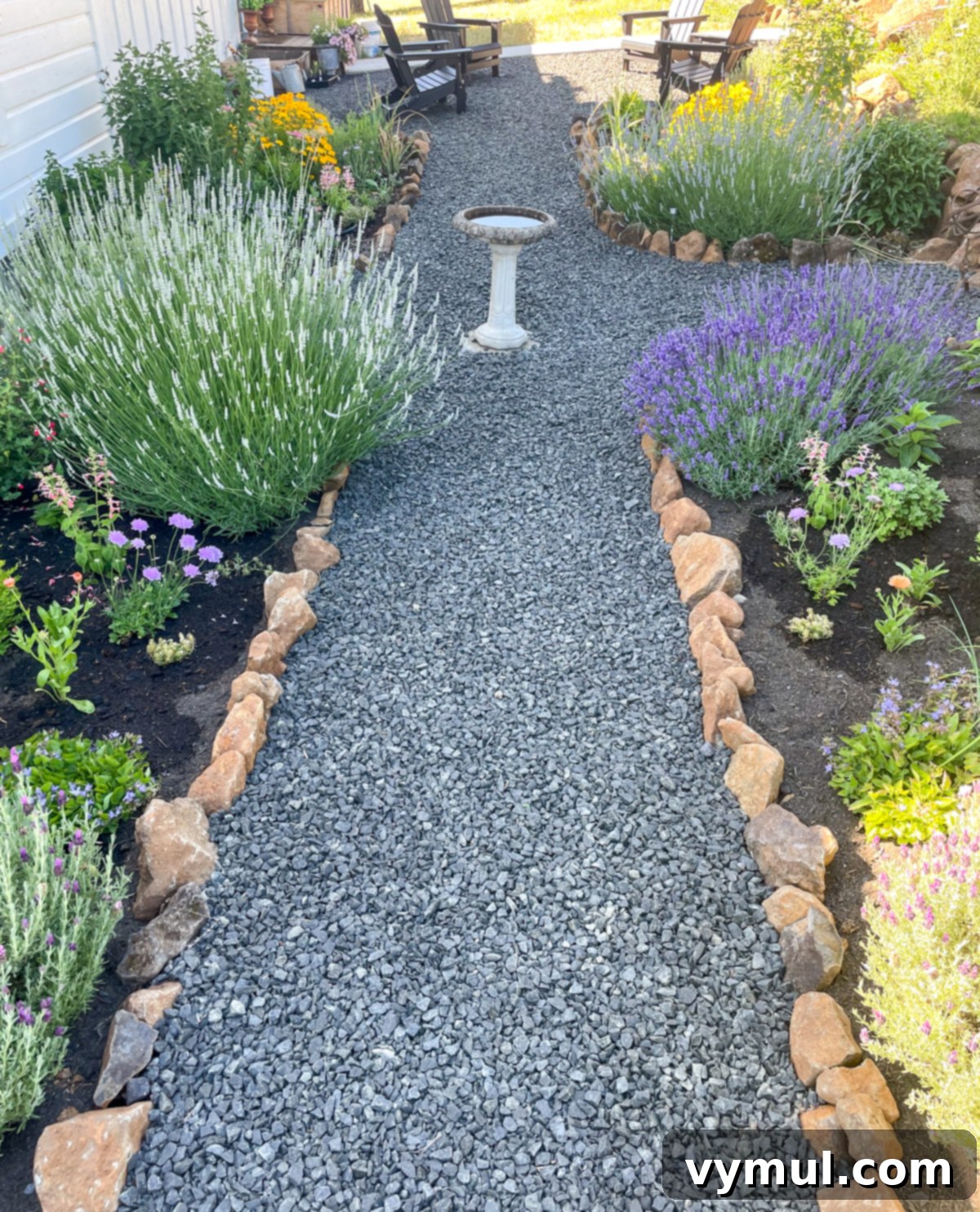 Garden gravel path with birdbath and flowering plants.