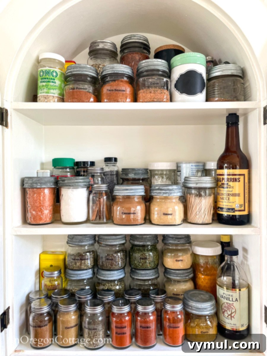 The 12 Gems of 2023 4 A beautifully organized arched spice cupboard, featuring vintage mason jars with zinc lids. The spices are neatly arranged, creating a charming and functional storage solution.