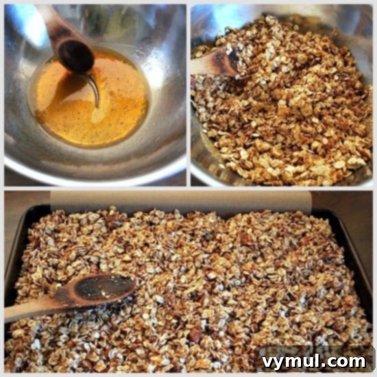 Healthy Quick Maple Honey Granola Bark Clusters 4 Ingredients for granola bark laid out before mixing, including oats, nuts, and liquid sweeteners.