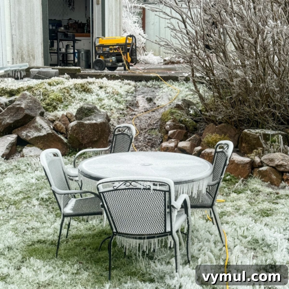 frozen outdoor table and chairs with generator in background