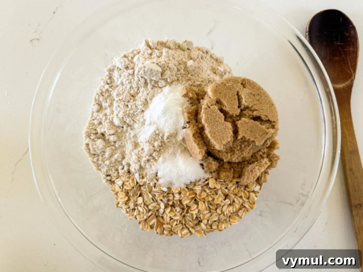 Step 1: Ingredients for the oat crust and topping are combined in a mixing bowl.
