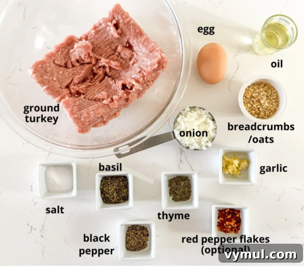 Speedy Wholesome Turkey Patties for Busy Mornings 3 A selection of fresh ingredients including ground turkey, onion, garlic, eggs, and various spices, laid out for making healthy turkey patties.