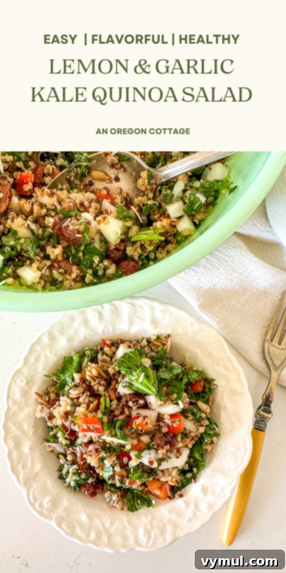 Zesty Lemon and Parmesan Kale Quinoa Salad 11 Large Pinterest pin image for kale quinoa salad, showing a vibrant bowl with all ingredients.