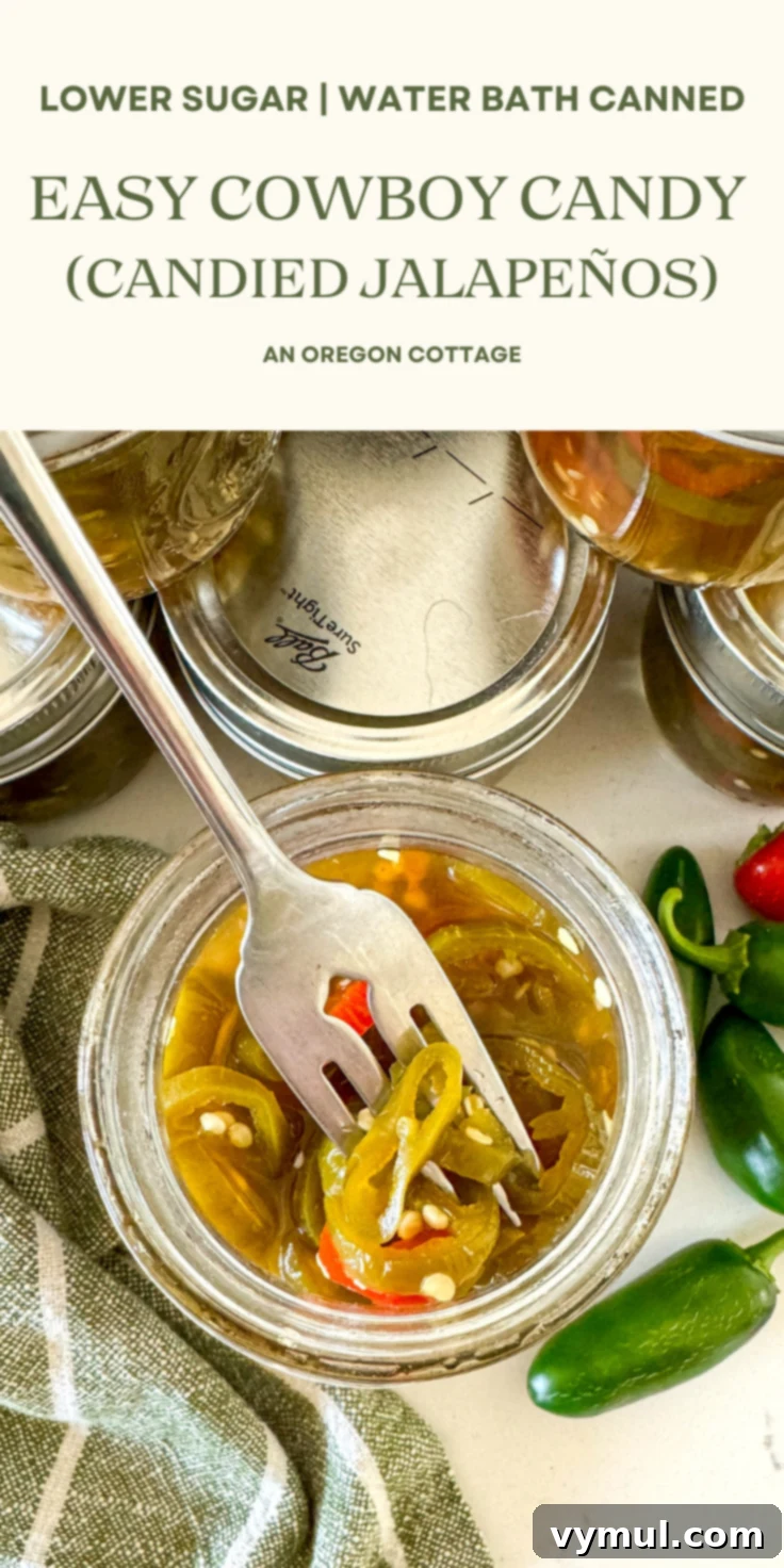 Sweet and Spicy Lower Sugar Cowboy Candy for Easy Canning 12 cowboy candy jalapeños Pinterest image