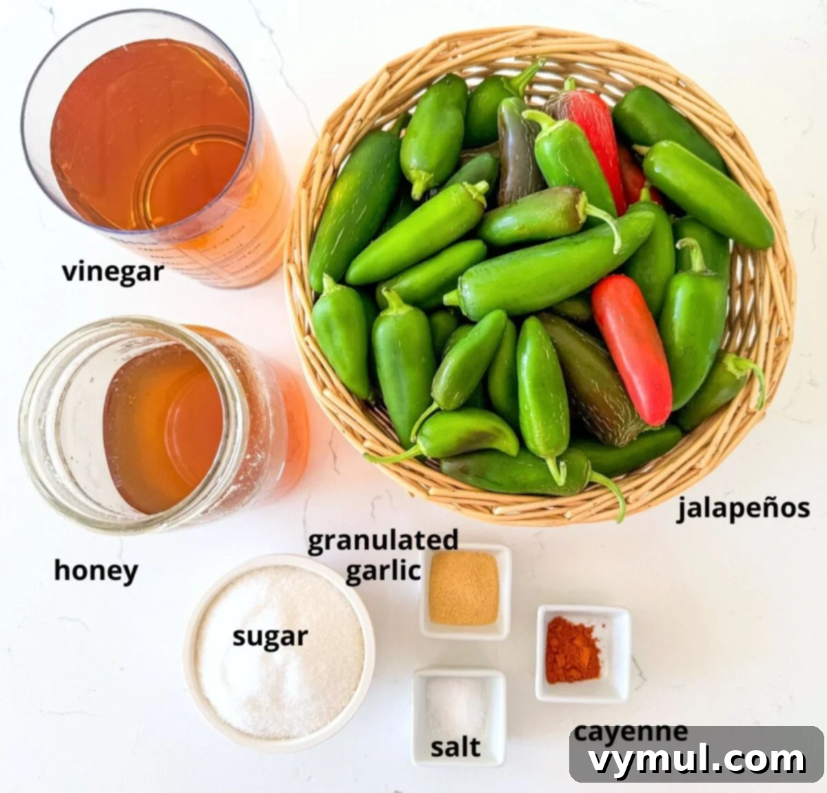 Sweet and Spicy Lower Sugar Cowboy Candy for Easy Canning 3 cowboy candy recipe ingredients labeled