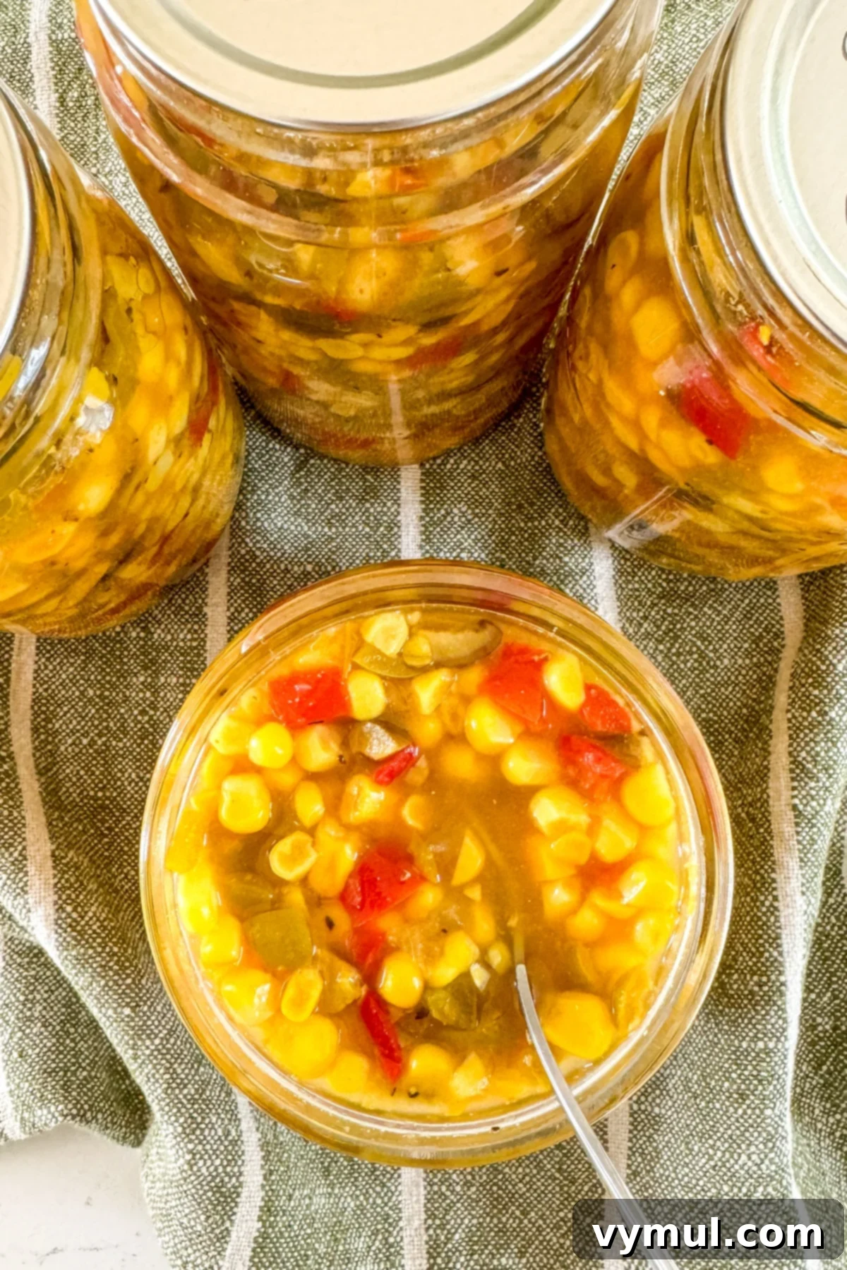 Spicy Olive Corn Relish: Water Bath Canning 2 open jar of corn relish from above
