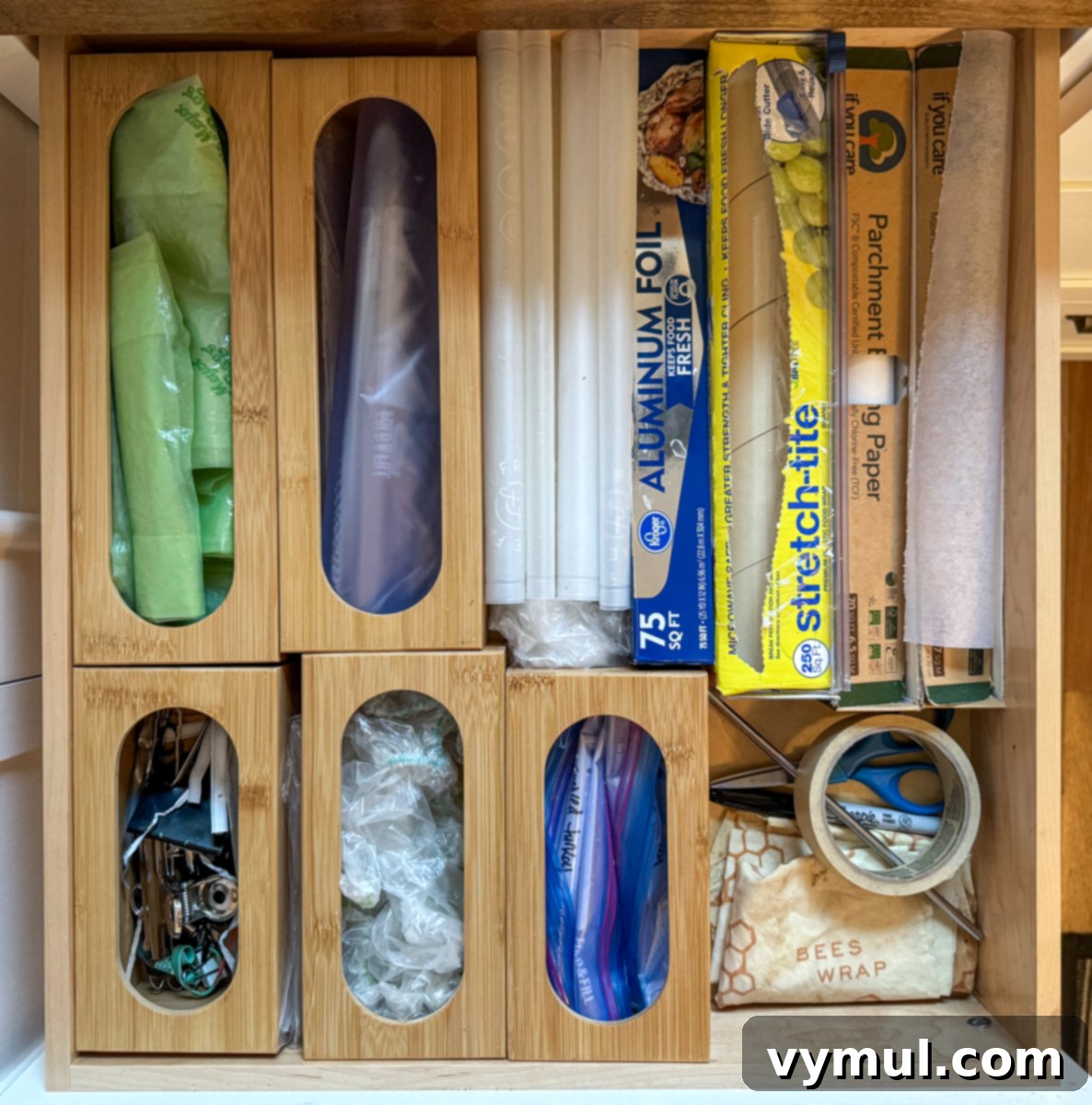 bamboo storage boxes in drawer