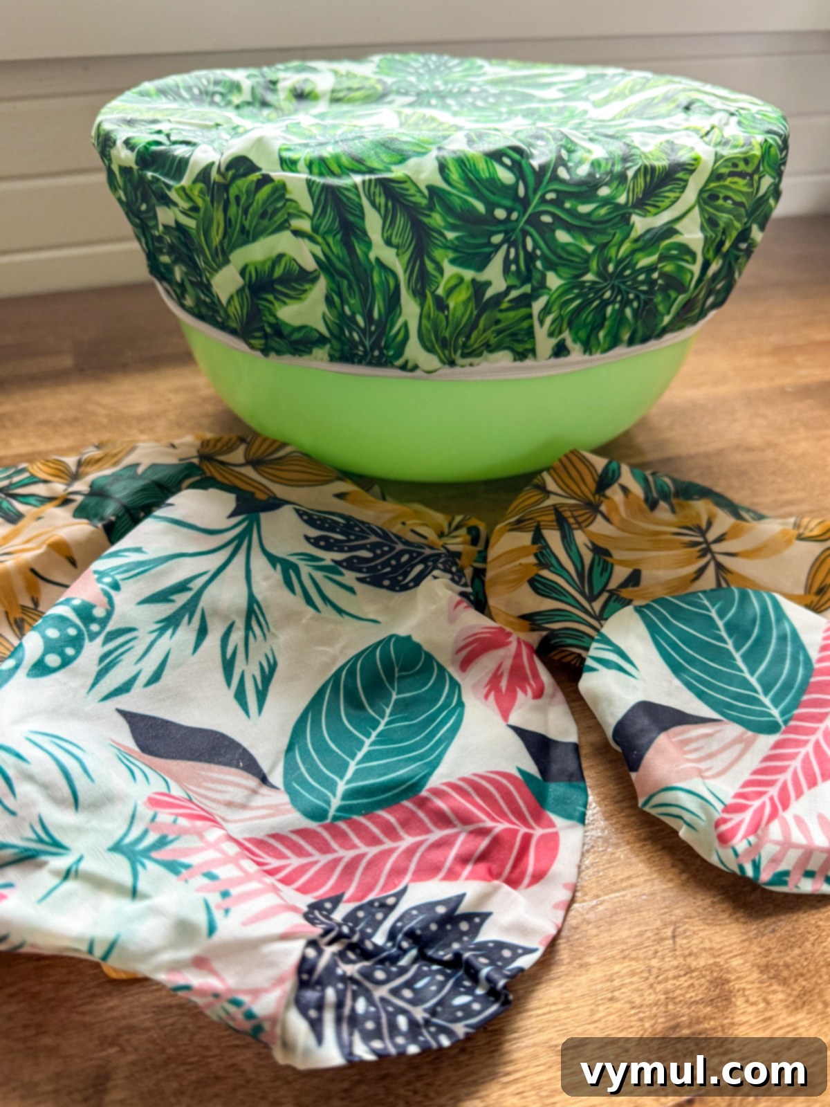 beeswax bowl covers on bowl and wood counter