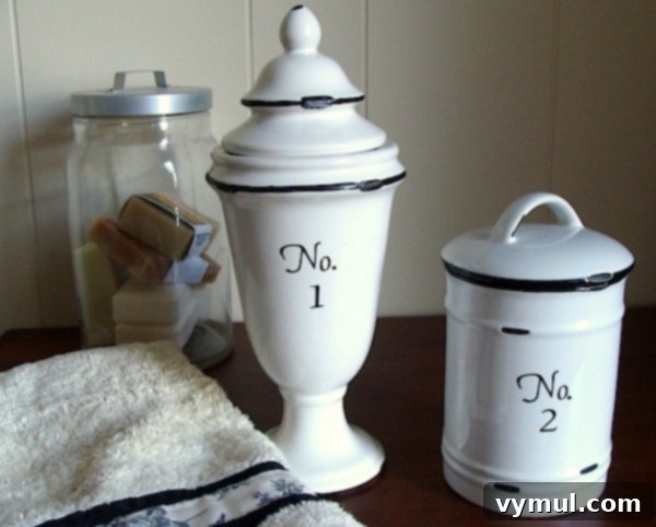 Thrift Store Apothecary Jar Revival 7 Numbered apothecary jars stylishly displayed on a bathroom counter