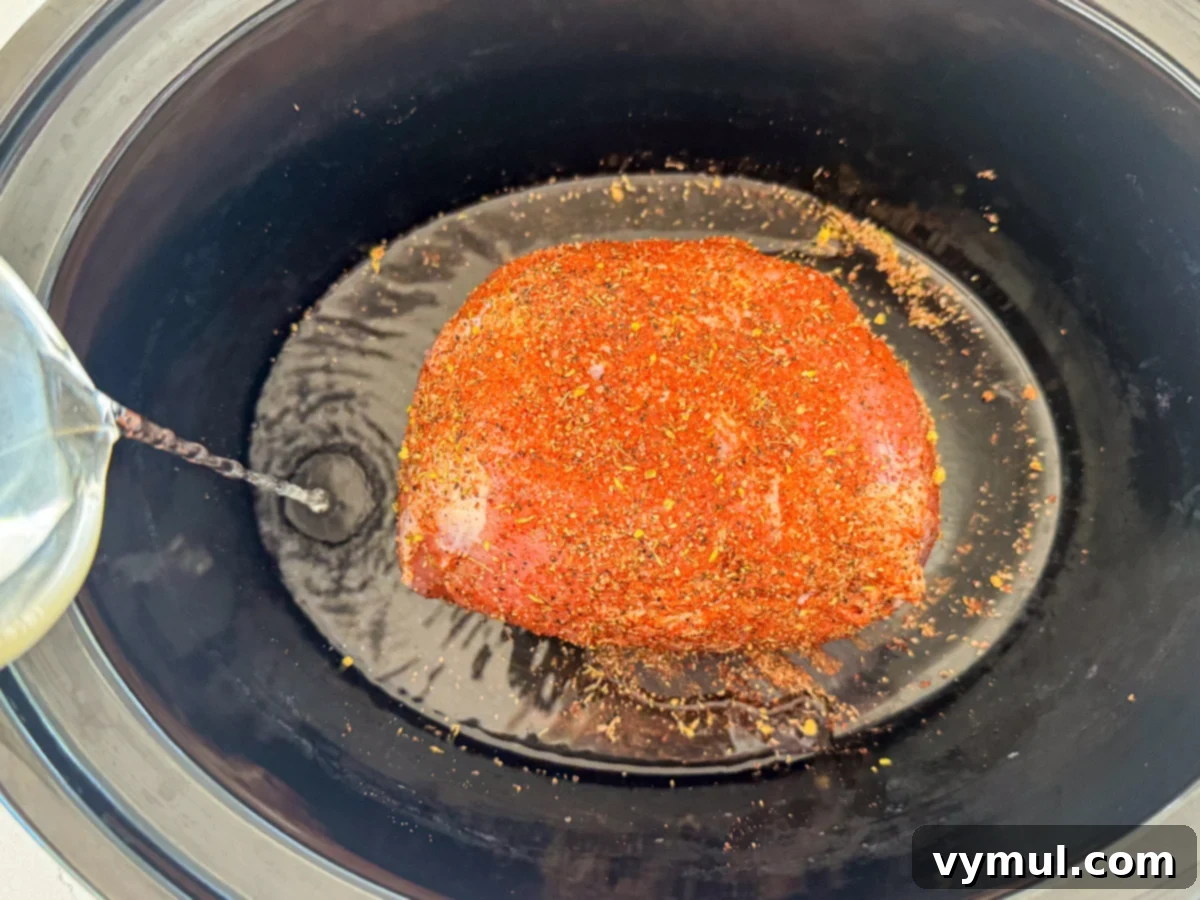 spice rubbed pork roast in slow cooker with water
