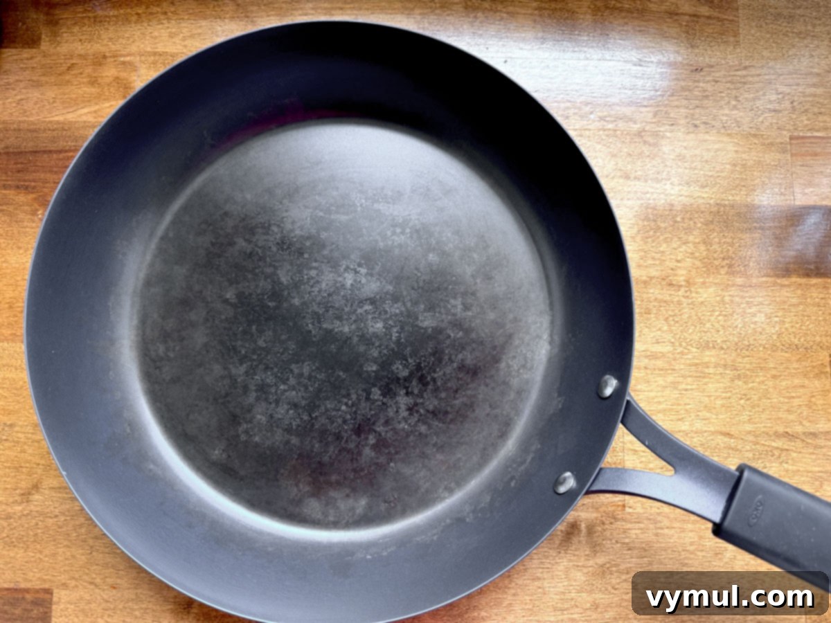 carbon steel pan on wood counter