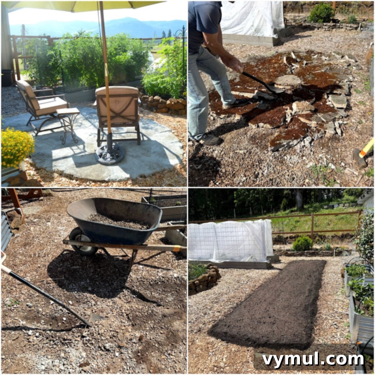 before and after of broken concrete patio to garden bed