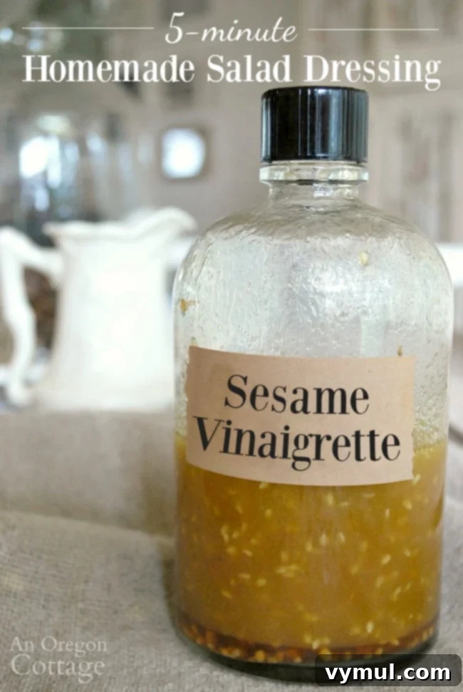 Toasted Sesame Vinaigrette & Marinade 2 Homemade Sesame Vinaigrette Salad Dressing is ready in 5 minutes for your green salads, pasta salads or marinades.