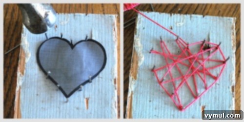 Hands hammering small nails into wood around a heart template