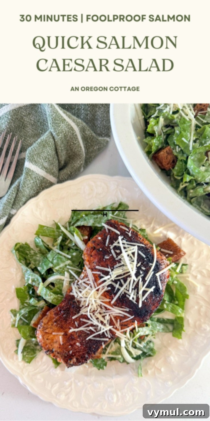 Perfect Pan-Seared Salmon Caesar 12 Pinterest pin showing a Salmon Caesar salad with text overlay for easy recipe and foolproof pan-fried salmon.