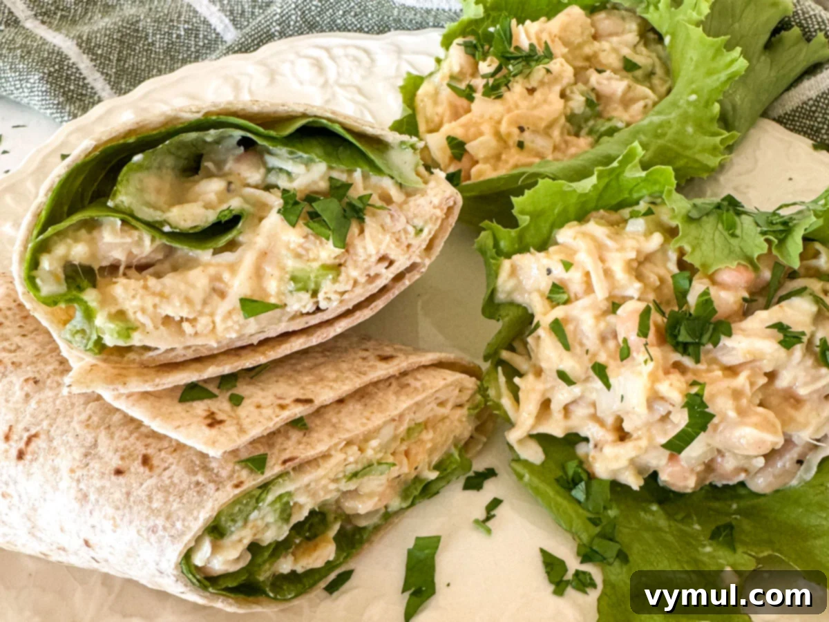 Pantry Powerhouse Protein Chicken Salad 7 Portions of chicken salad being spooned into fresh lettuce leaves and a whole wheat tortilla wrap.
