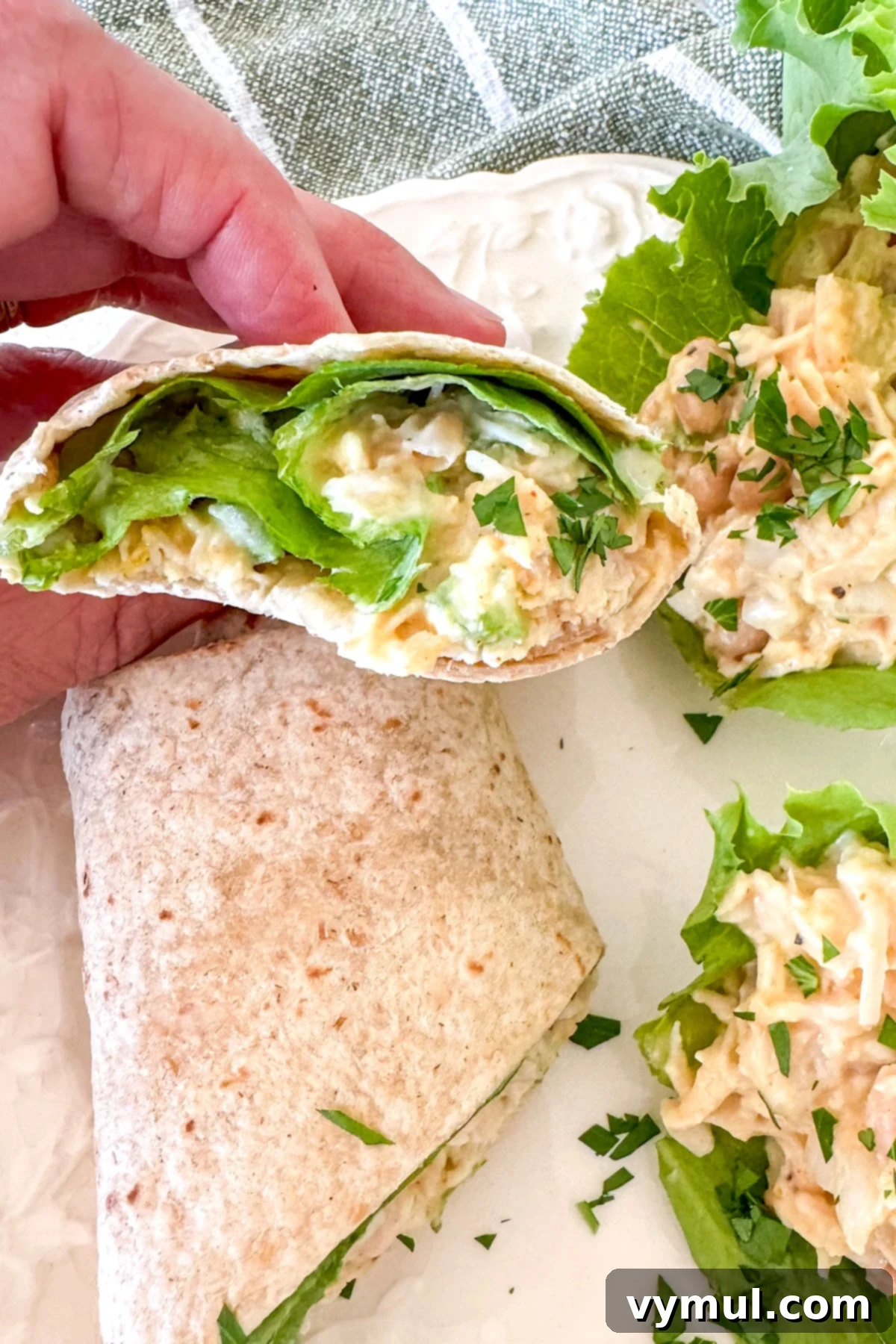 Pantry Powerhouse Protein Chicken Salad 8 Close-up view of a whole wheat tortilla wrap filled with fresh chicken salad and crisp lettuce.