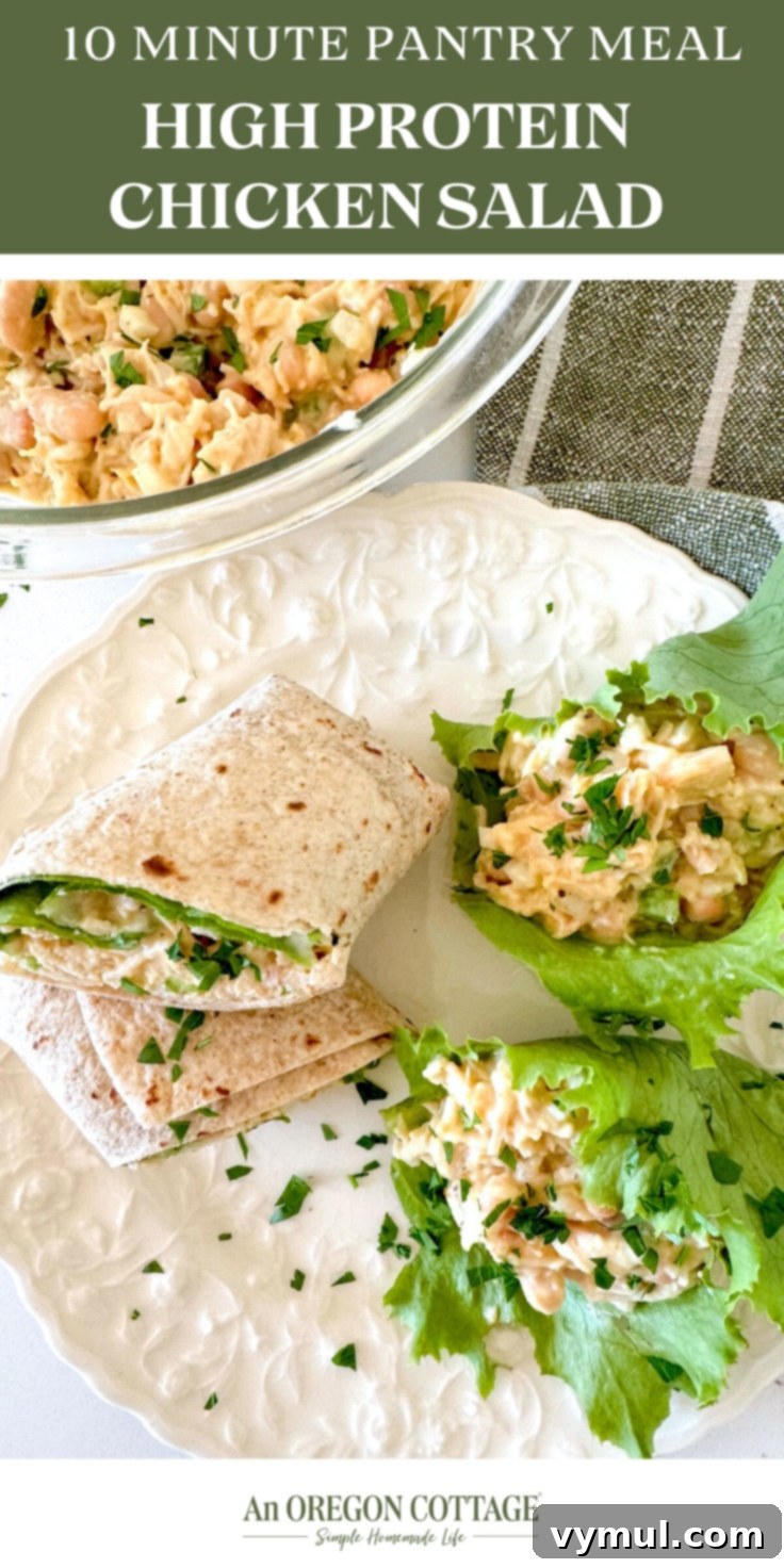 Pantry Powerhouse Protein Chicken Salad 10 High-protein chicken salad recipe Pinterest image, featuring the salad in wraps and lettuce cups.