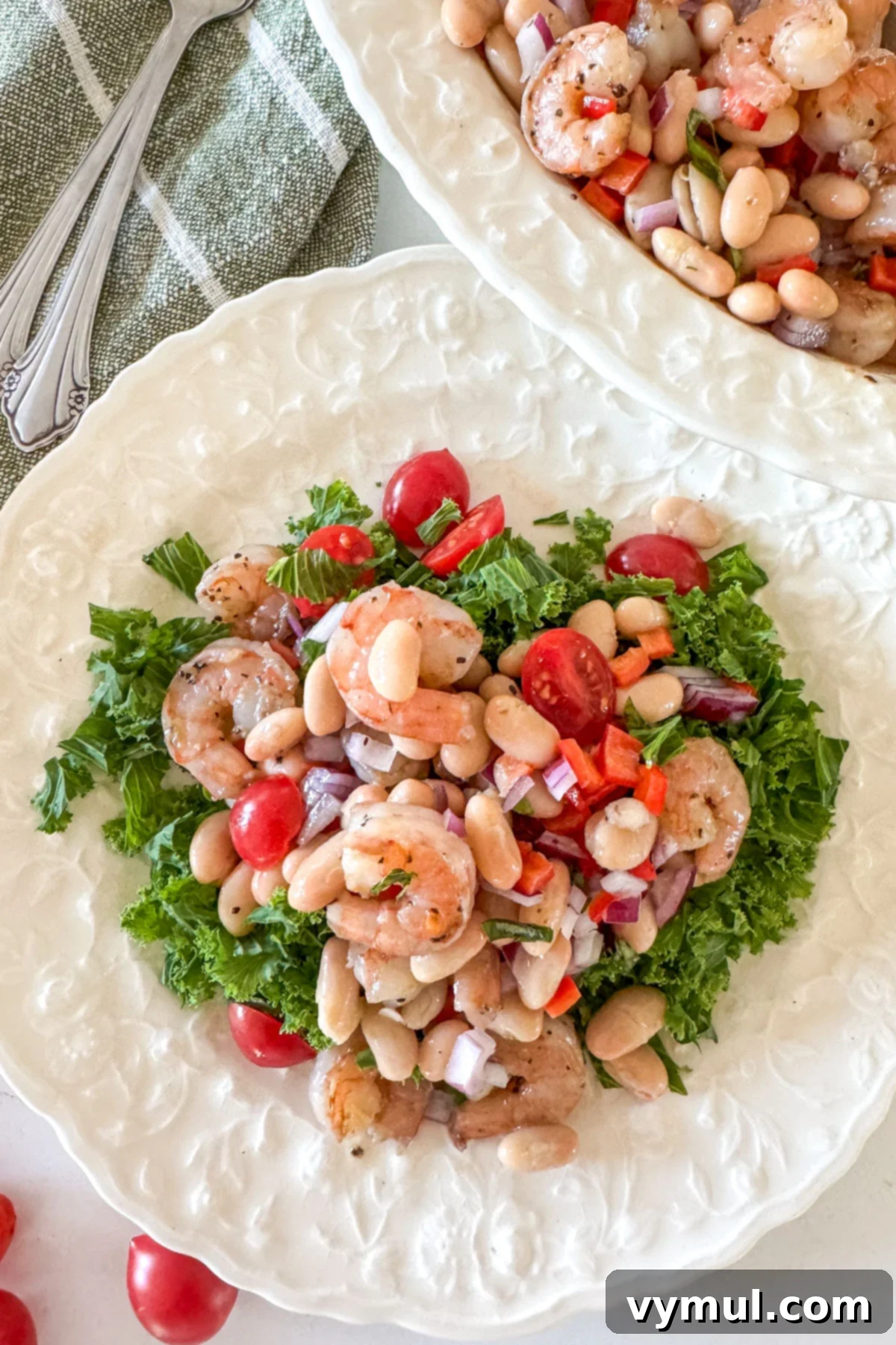 Effortless 15-Minute White Bean Salad with Shrimp or Chicken 2 white bean salad with shrimp on a white plate