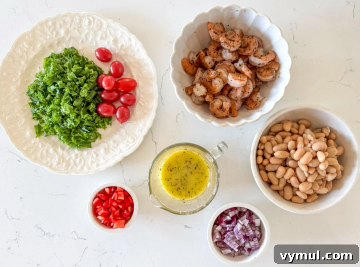 Effortless 15-Minute White Bean Salad with Shrimp or Chicken 3 white bean salad ingredients on marble