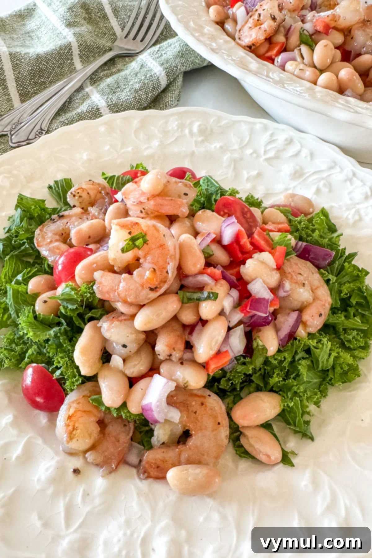 Effortless 15-Minute White Bean Salad with Shrimp or Chicken 6 white bean salad with shrimp on bed of greens