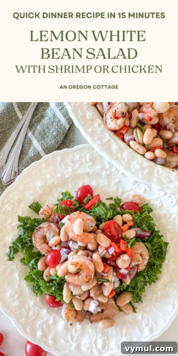 Effortless 15-Minute White Bean Salad with Shrimp or Chicken 8 white bean salad Pinterest pin image