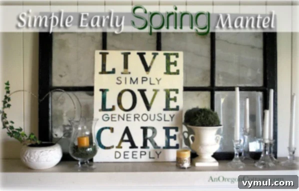 A Breath of Spring Mantel 2 Beautifully styled early spring mantel with green, white, and gold accents