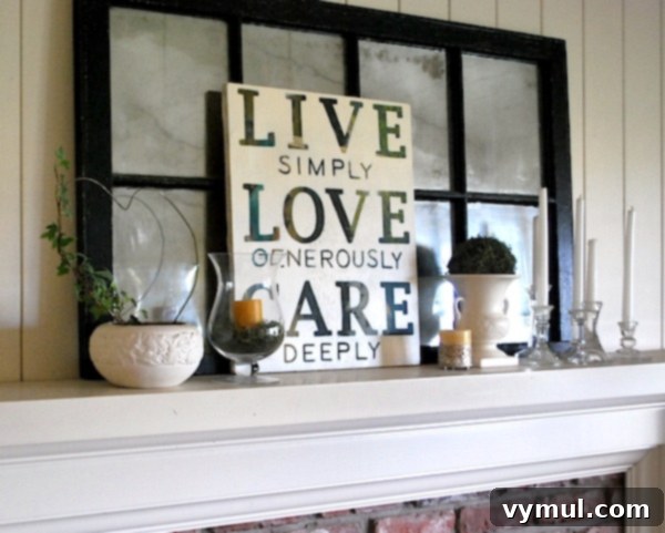 A Breath of Spring Mantel 4 Elegantly simple spring mantel featuring DIY canvas art, green topiaries, and glowing candles