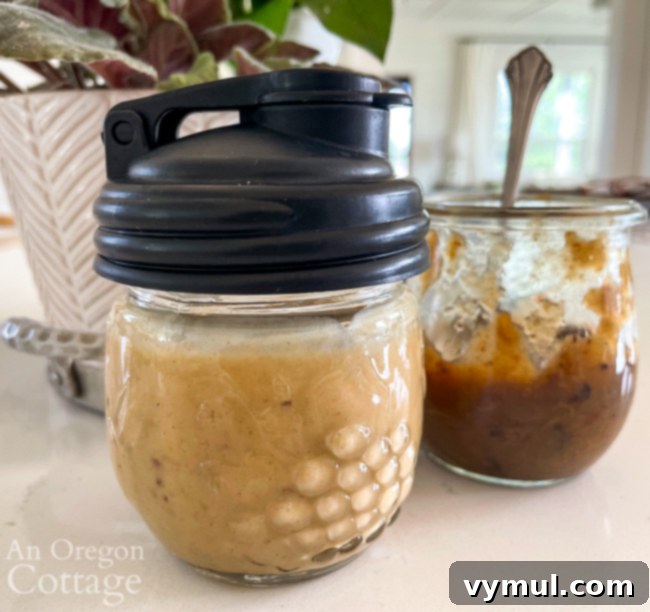 Homemade chutney salad dressing in a glass jar
