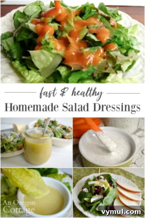 Ditch the Bottle: Fresh & Flavorful Dressings 2 A collage featuring various homemade salad dressings in jars and on salads, including ranch, vinaigrette, Caesar, and honey mustard, all looking fresh and appealing.