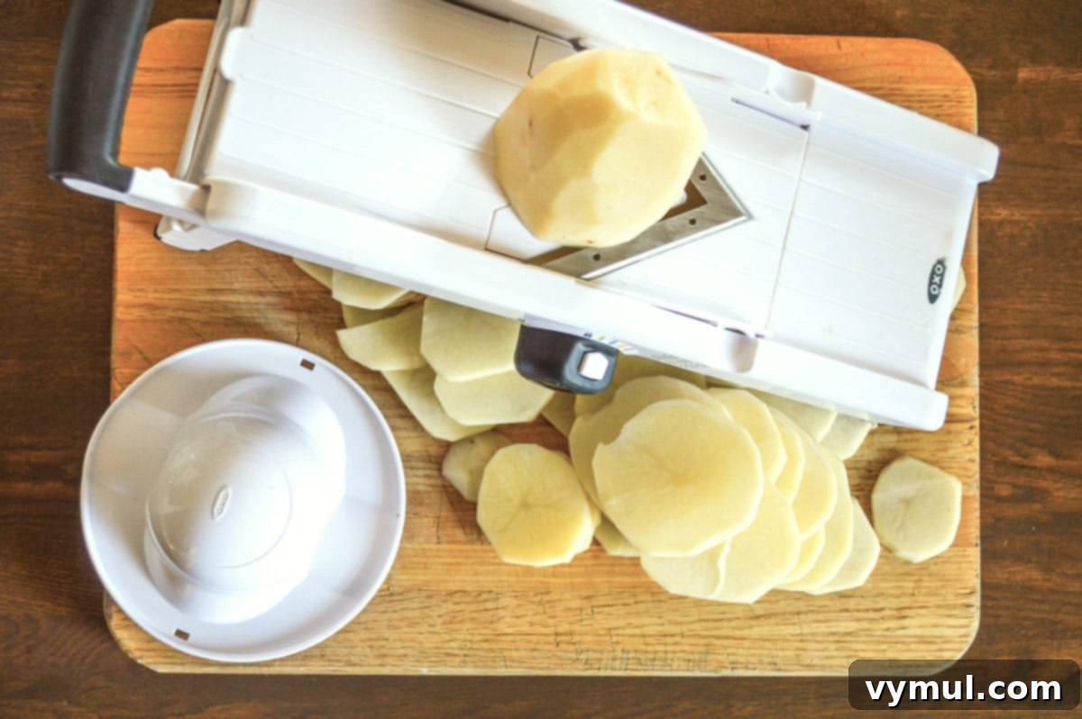 Irresistible Slow Cooker Cheesy Garlic Scalloped Potatoes 3 slicing potatoes with a mandoline slicer