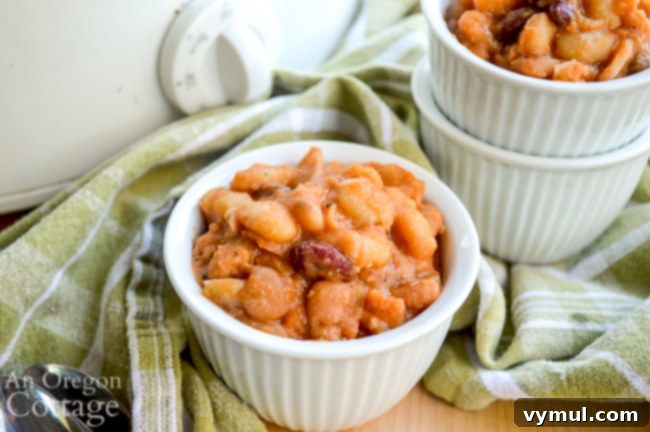 Slow Cooker Honey Baked Beans with Maple Variation 3 Close-up of slow cooker honey baked beans with a rich, glossy sauce, showcasing their wholesome texture.