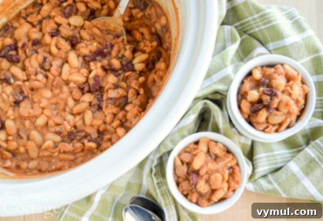 Slow Cooker Honey Baked Beans with Maple Variation 6 Slow cooker honey baked beans viewed from above in a serving bowl, showcasing their delicious appeal.