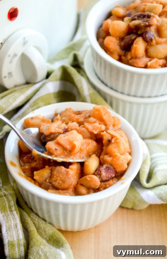 Slow Cooker Honey Baked Beans with Maple Variation 7 A spoon scooping a generous portion of slow cooker honey baked beans from the pot, ready to be enjoyed.