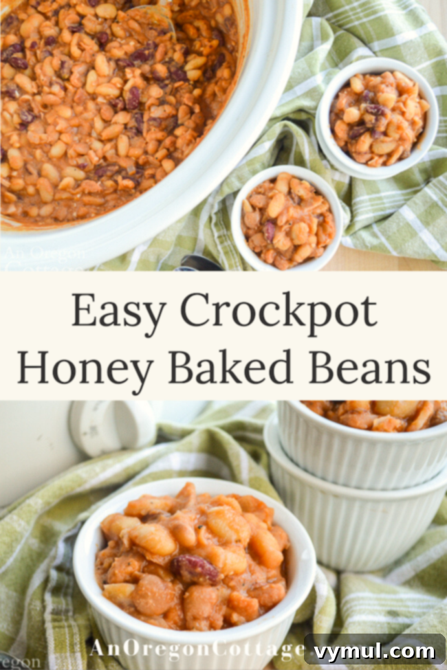 Slow Cooker Honey Baked Beans with Maple Variation 10 A serving of easy Crock Pot honey baked beans, showcasing the thick, savory sauce and perfectly cooked beans.