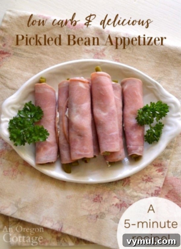 Tangy Low Carb Bean Wraps 2 Delicious Low Carb Pickled Green Bean Roll-Up Appetizers on a white plate, perfect for keto parties.