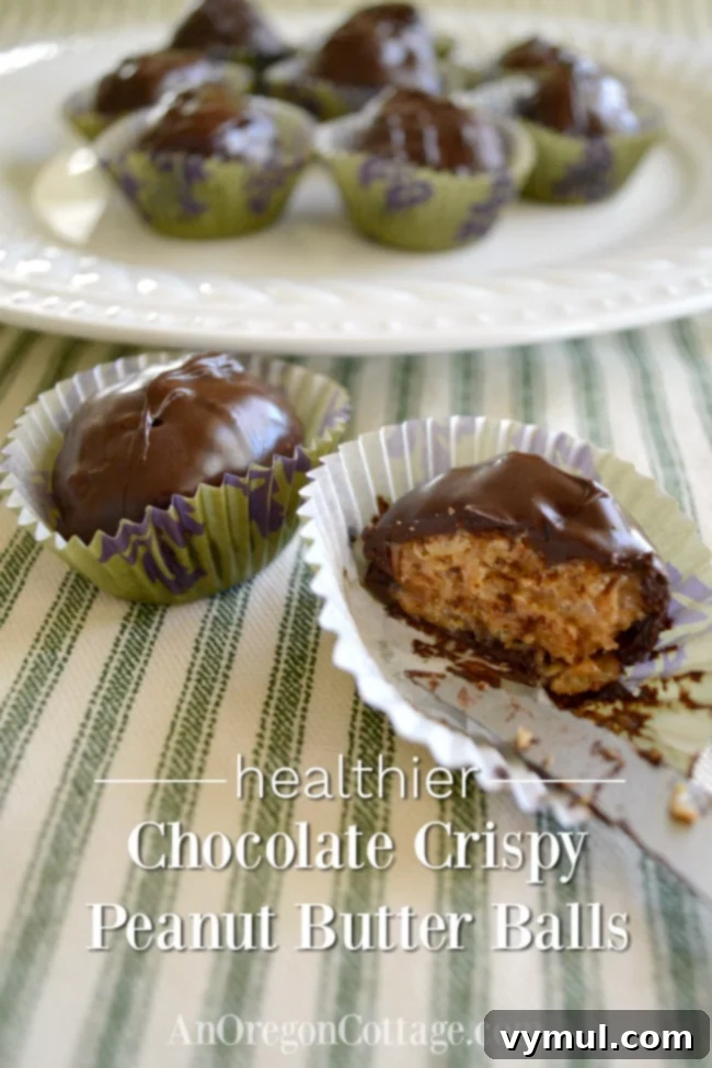 Easy Honey Sweetened Dairy Free Chocolate Peanut Butter Crunch Bites 8 Healthier chocolate crispy peanut butter balls pin image